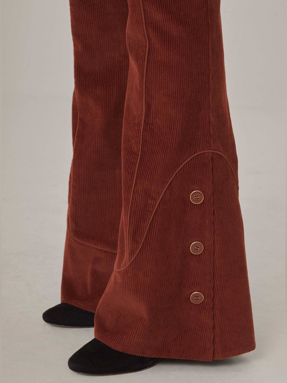 FARM Rio L Brown Corduroy Flare Pants  High Rise Button Detail Retro Wide Leg - Picture 4 of 15